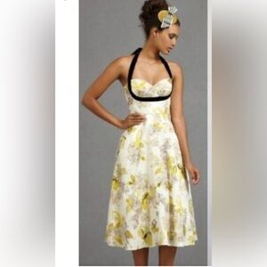 Anthropologie Hitherto Silk Floral Halter Dress in Yellow and Black Size 2